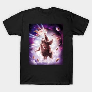 Laser Eyes Space Cat Riding Sloth, Llama - Rainbow T-Shirt